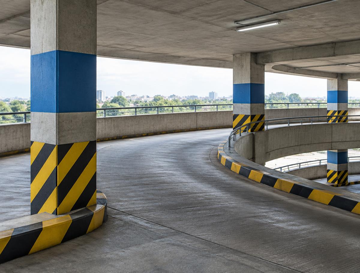 Rampa de parqueo con columnas azules y franjas de precaución